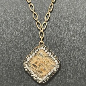 SAQ Long Gold Tone Necklace With Beautiful Glass Pendant NEW